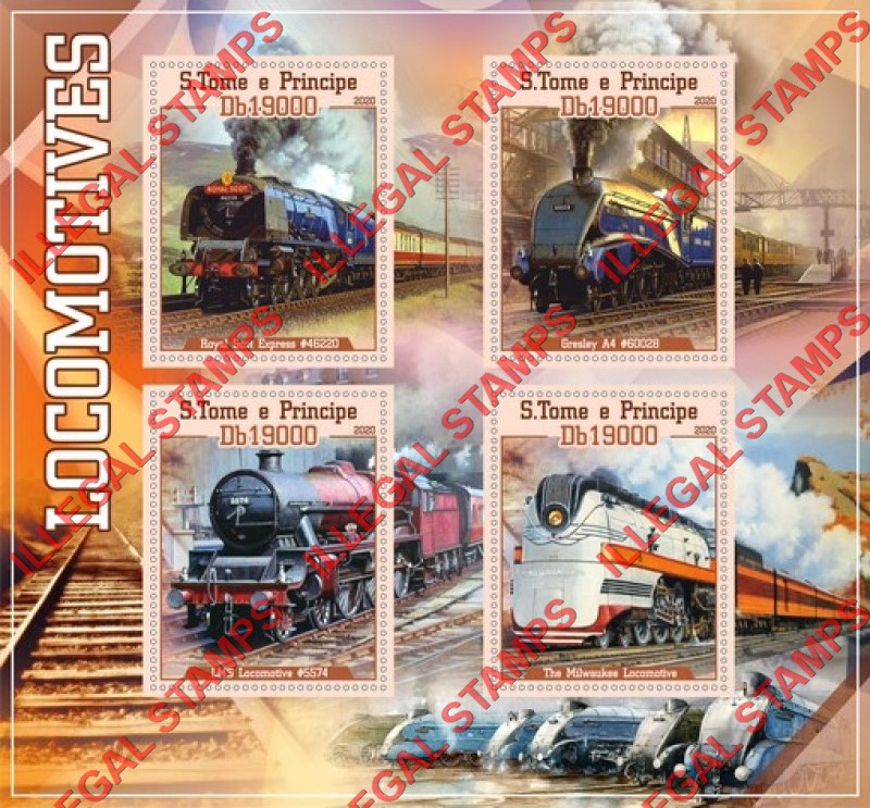Saint Thomas and Prince Islands 2020 Locomotives Illegal Stamp Souvenir Sheet of 4 Saint Thomas and Prince Islands 2020 Locomotives Illegal Stamp Souvenir Sheet of 4