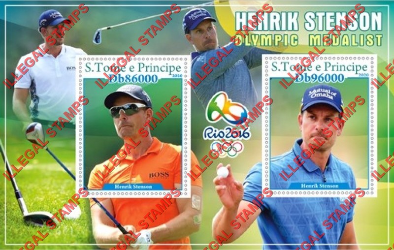 Saint Thomas and Prince Islands 2020 Olympic Medalist Henrik Stenson Golf Player Illegal Stamp Souvenir Sheet of 2 Saint Thomas and Prince Islands 2020 Olympic Medalist Henrik Stenson Golf Player Illegal Stamp Souvenir Sheet of 2
