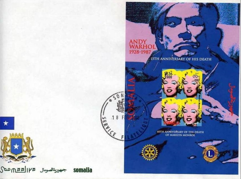 Counterfeit Somalia Andy Warhol Sheet on Cover with Official IPZS Cancel Dating 2003 Counterfeit Somalia Andy Warhol Sheet on Cover with Official IPZS Cancel Dating 2003