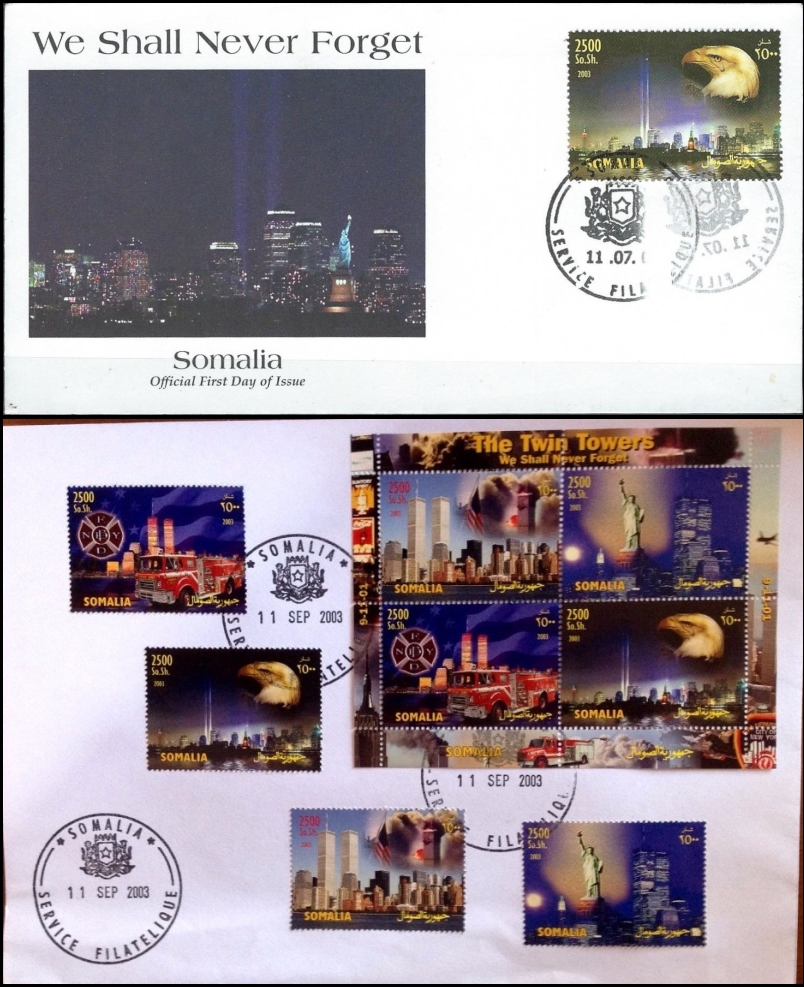 Counterfeit Somalia Twin Towers Stamps and Sheet on Covers with Official IPZS Cancels Dating 2003 Counterfeit Somalia Twin Towers Stamps and Sheet on Covers with Official IPZS Cancels Dating 2003