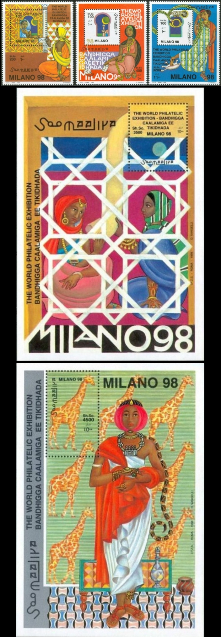 Somalia 1998 Milano 98 World Philatelic Exposition Michel 688-690 BL 48 and BL 49 Somalia 1998 Milano 98 World Philatelic Exposition Michel 688-690 BL 48 and BL 49