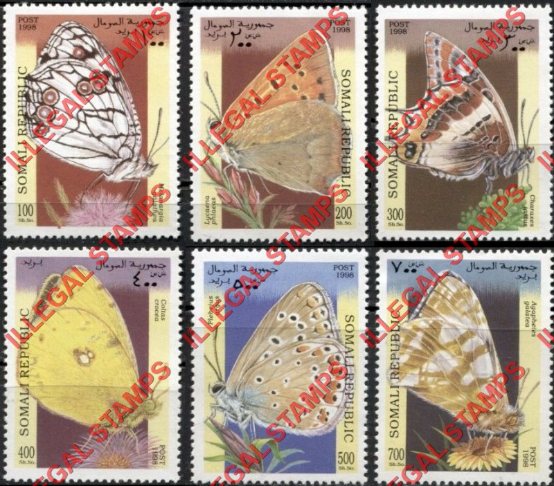 Somalia 1998 Butterflies Illegal Stamp Set of 6 Somalia 1998 Butterflies Illegal Stamp Set of 6