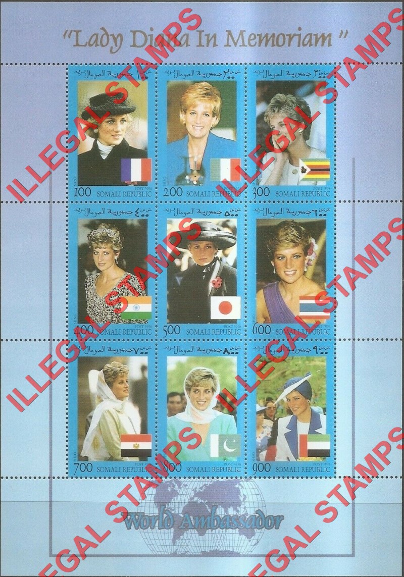 Somalia 1998 Princess Diana Memoriam Illegal Stamp Souvenir Sheet of 9 Somalia 1998 Princess Diana Memoriam Illegal Stamp Souvenir Sheet of 9