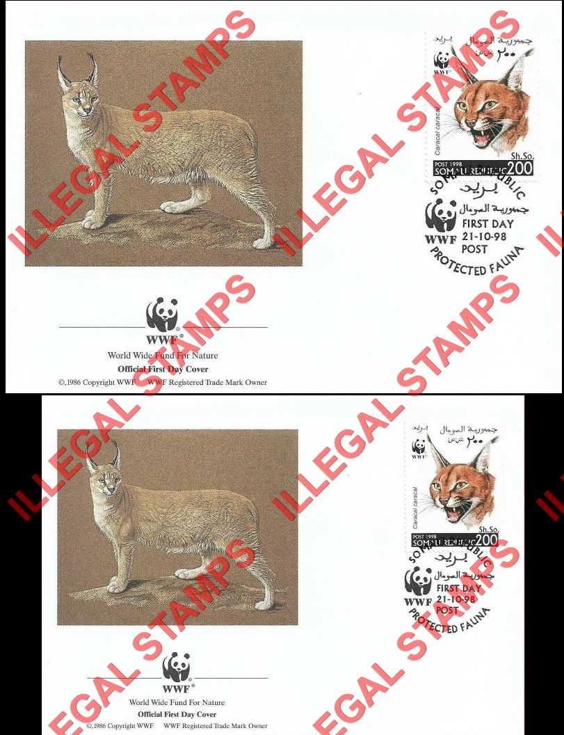 Somalia 1998 WWF Caracal Illegal Stamps on Faked First Day Covers Somalia 1998 WWF Caracal Illegal Stamps on Faked First Day Covers