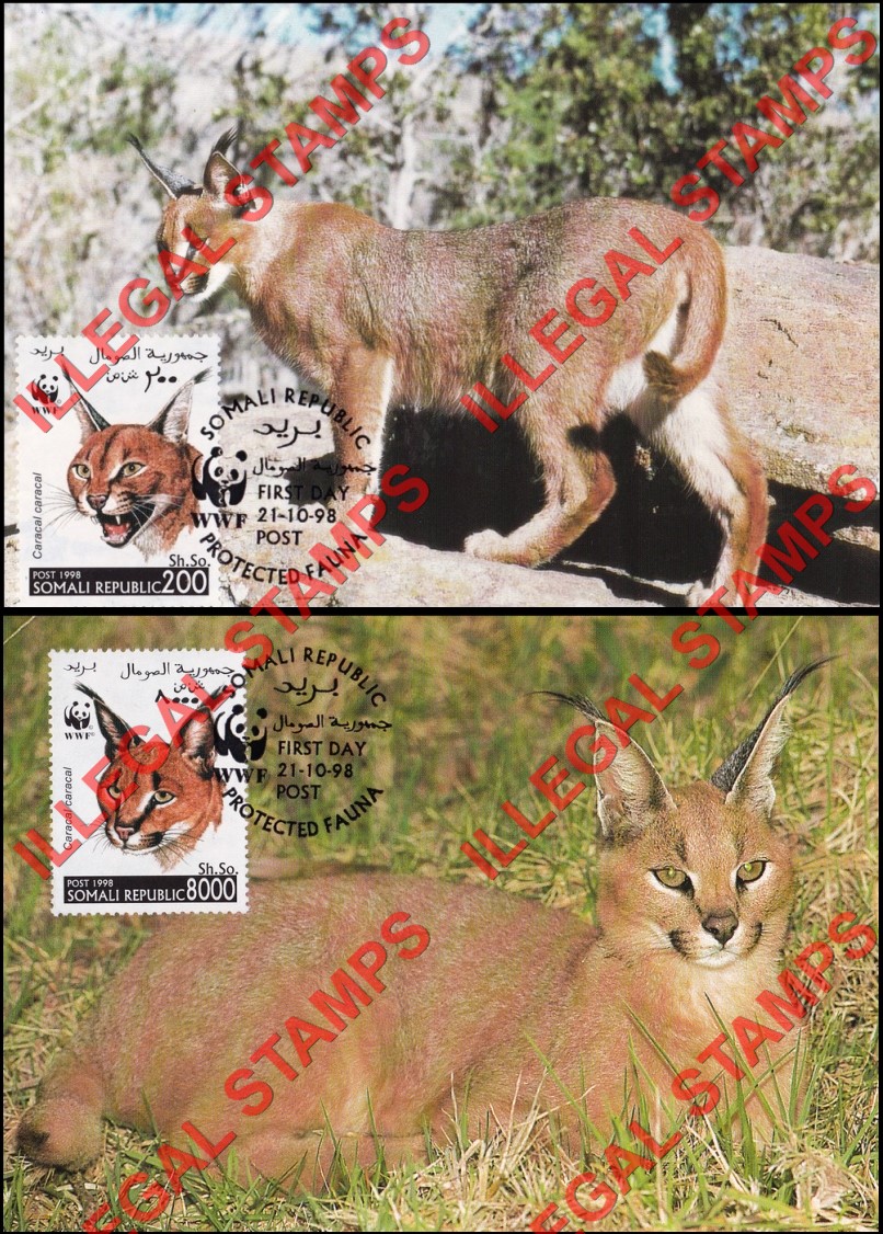 Somalia 1998 WWF Caracal Illegal Stamps on Faked First Day Canceled Postcards Somalia 1998 WWF Caracal Illegal Stamps on Faked First Day Canceled Postcards