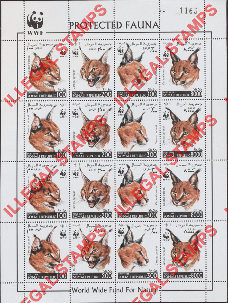 Somalia 1998 WWF Caracal Illegal Stamp Souvenir Sheet of 16 Somalia 1998 WWF Caracal Illegal Stamp Souvenir Sheet of 16