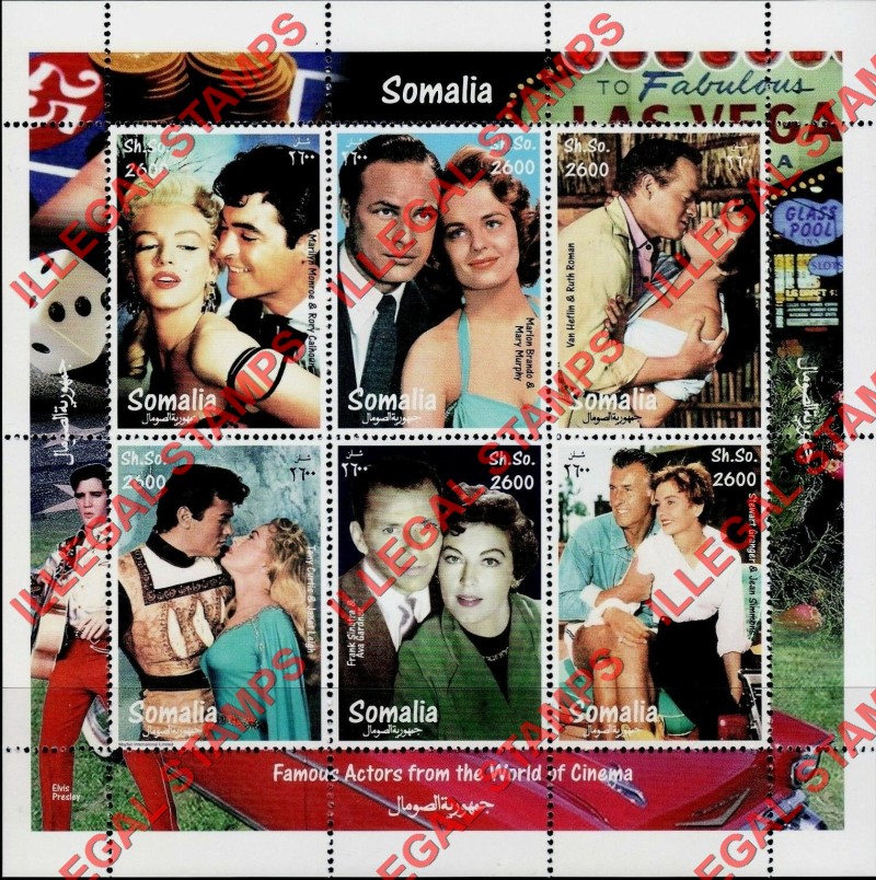Somalia 1998 Famous Cinema Actors and Actresses Illegal Stamp Souvenir Sheet of 6 (Sheet 2) Somalia 1998 Famous Cinema Actors and Actresses Illegal Stamp Souvenir Sheet of 6 (Sheet 2)
