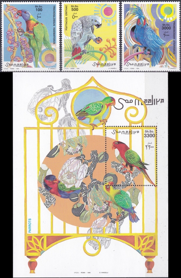 Somalia 1999 Parrots Michel 746-748 BL 59 Somalia 1999 Parrots Michel 746-748 BL 59