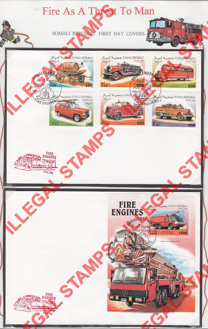 Somalia 1999 Fire Engines Illegal Stamp Set of 6 and the Souvenir Sheet on Fake First Day Covers Somalia 1999 Fire Engines Illegal Stamp Set of 6 and the Souvenir Sheet on Fake First Day Covers