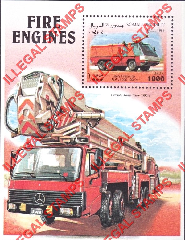 Somalia 1999 Fire Engines Illegal Stamp Souvenir Sheet of 1 Somalia 1999 Fire Engines Illegal Stamp Souvenir Sheet of 1