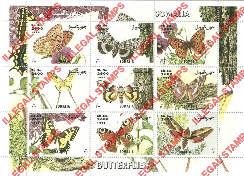 Somalia 1999 Butterflies Illegal Stamp Souvenir Sheet of 9 Somalia 1999 Butterflies Illegal Stamp Souvenir Sheet of 9