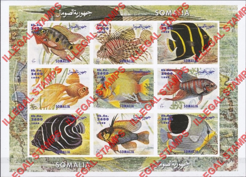 Somalia 1999 Fish Illegal Stamp Souvenir Sheet of 9 Somalia 1999 Fish Illegal Stamp Souvenir Sheet of 9
