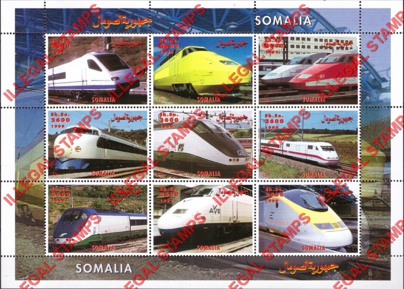 Somalia 1999 High Speed Trains Illegal Stamp Souvenir Sheet of 9 Somalia 1999 High Speed Trains Illegal Stamp Souvenir Sheet of 9