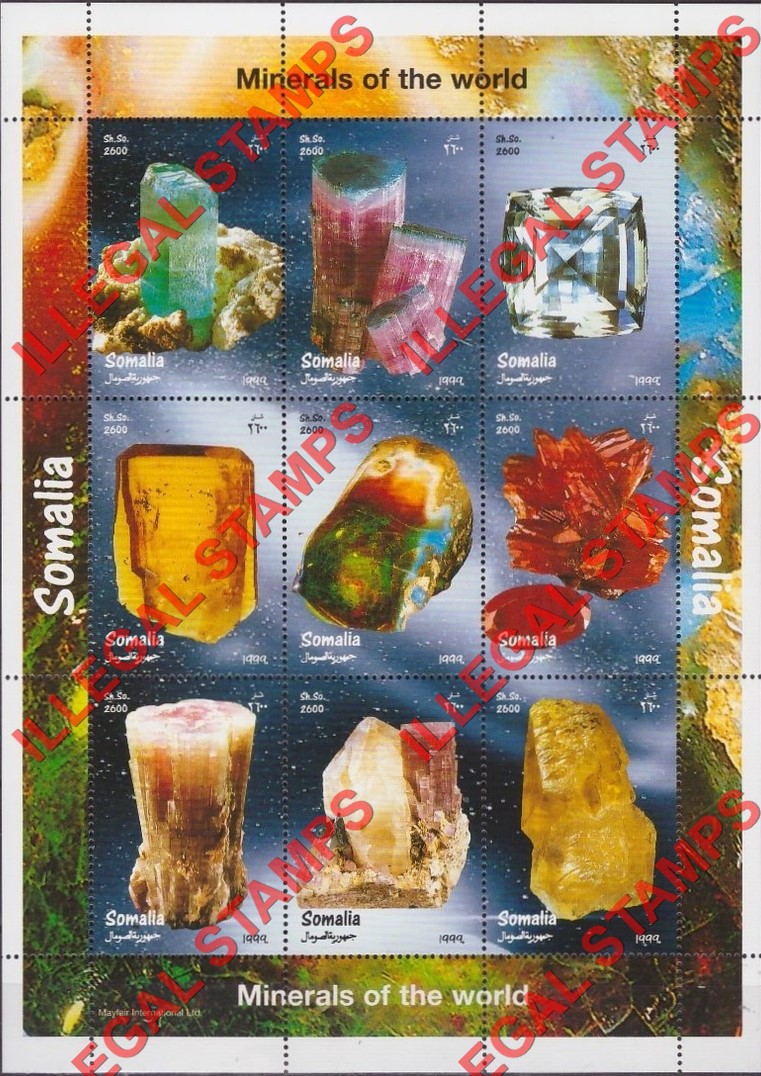 Somalia 1999 Minerals Illegal Stamp Souvenir Sheet of 9 Somalia 1999 Minerals Illegal Stamp Souvenir Sheet of 9