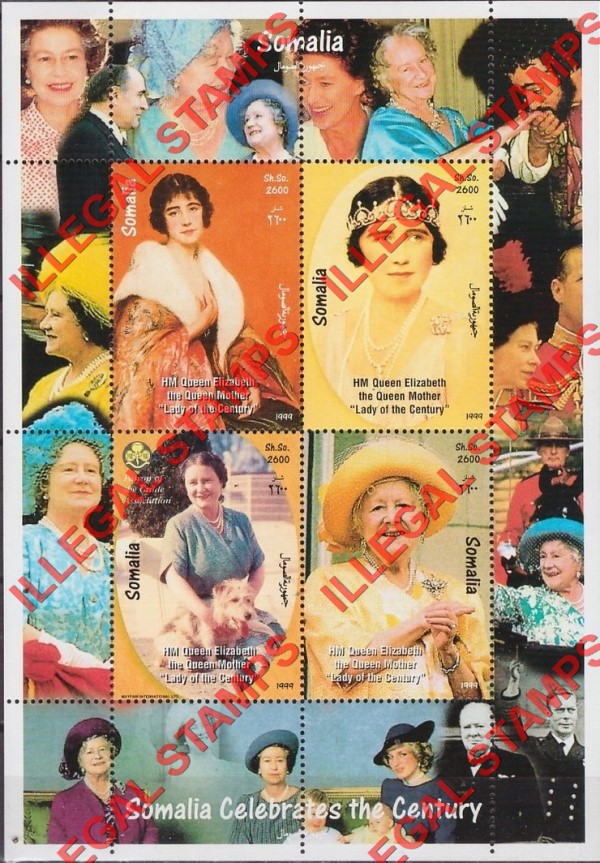 Somalia 1999 Queen Elizabeth Illegal Stamp Souvenir Sheet of 4 Somalia 1999 Queen Elizabeth Illegal Stamp Souvenir Sheet of 4