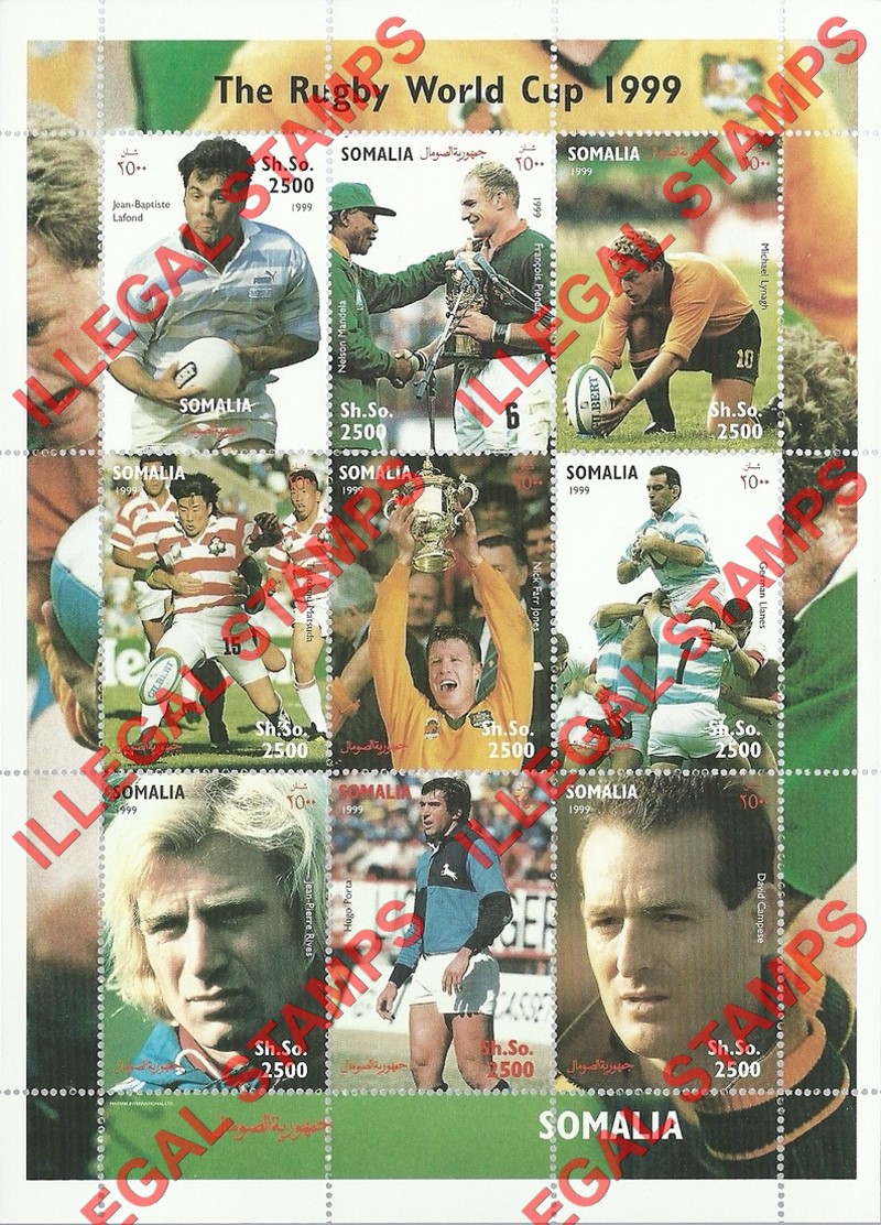 Somalia 1999 Rugby World Cup Illegal Stamp Souvenir Sheet of 9 Somalia 1999 Rugby World Cup Illegal Stamp Souvenir Sheet of 9