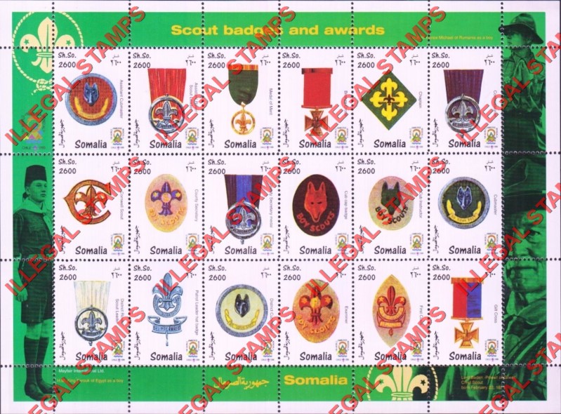 Somalia 1999 Scout Badges and Awards Illegal Stamp Souvenir Sheet of 16 Somalia 1999 Scout Badges and Awards Illegal Stamp Souvenir Sheet of 16
