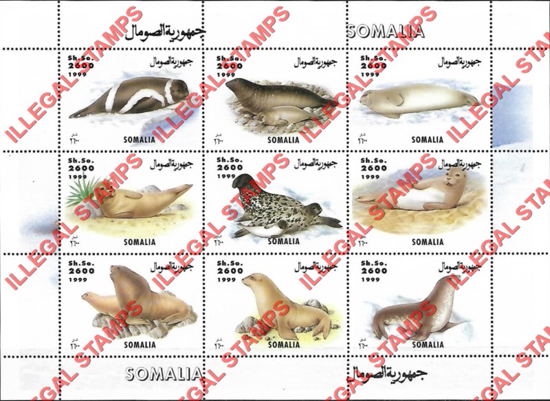 Somalia 1999 Seals Illegal Stamp Souvenir Sheet of 9 Somalia 1999 Seals Illegal Stamp Souvenir Sheet of 9