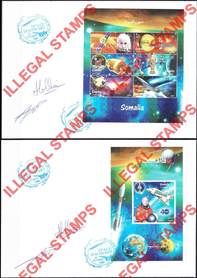 Somalia 1999 Space Illegal Stamp Souvenir Sheets on Fake Canceled Covers signed by Lollini Somalia 1999 Space Illegal Stamp Souvenir Sheets on Fake Canceled Covers signed by Lollini