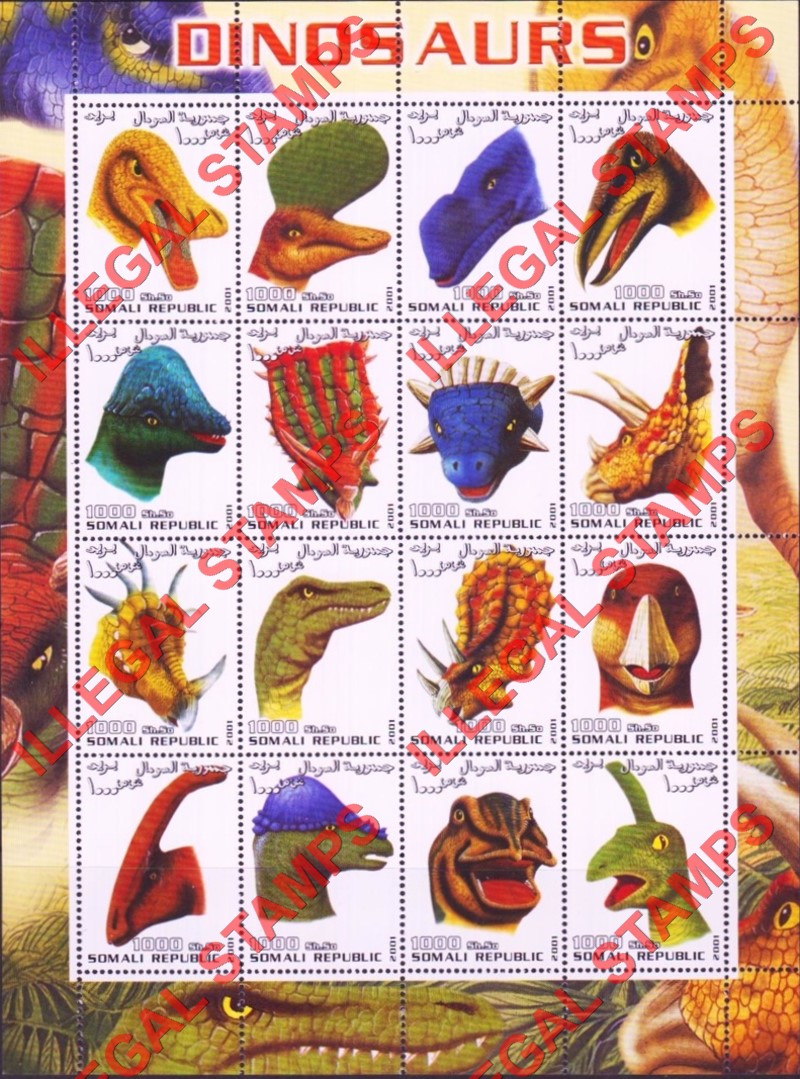 Somalia 2001 Dinosaurs (different) Illegal Stamp Souvenir Sheet of 16 Somalia 2001 Dinosaurs (different) Illegal Stamp Souvenir Sheet of 16