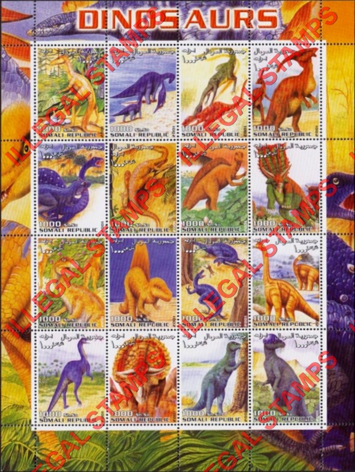 Somalia 2001 Dinosaurs Illegal Stamp Souvenir Sheet of 16 Somalia 2001 Dinosaurs Illegal Stamp Souvenir Sheet of 16