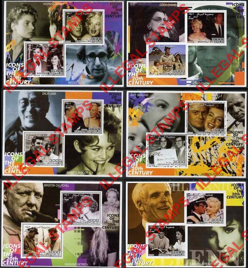 Somalia 2001 Icons of the 20th Century Illegal Stamp Souvenir Sheets of 2 (Part 2) Somalia 2001 Icons of the 20th Century Illegal Stamp Souvenir Sheets of 2 (Part 2)