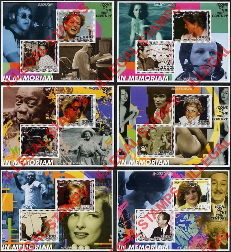 Somalia 2001 Icons of the 20th Century Illegal Stamp Souvenir Sheets of 2 (Part 5) Somalia 2001 Icons of the 20th Century Illegal Stamp Souvenir Sheets of 2 (Part 5)