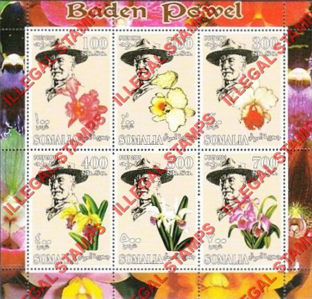 Somalia 2001 Baden Powell and Flowers Illegal Stamp Souvenir Sheet of 6 Somalia 2001 Baden Powell and Flowers Illegal Stamp Souvenir Sheet of 6