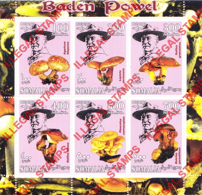 Somalia 2001 Baden Powell and Mushrooms Illegal Stamp Souvenir Sheet of 6 Somalia 2001 Baden Powell and Mushrooms Illegal Stamp Souvenir Sheet of 6