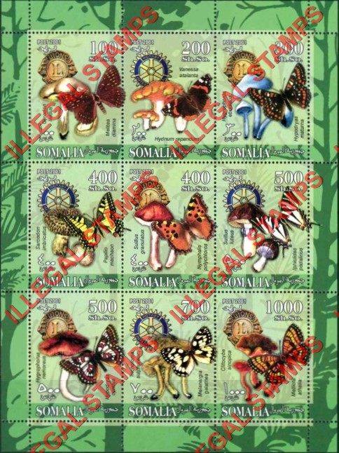 Somalia 2001 Butterflies and Mushrooms Illegal Stamp Souvenir Sheet of 9 Somalia 2001 Butterflies and Mushrooms Illegal Stamp Souvenir Sheet of 9