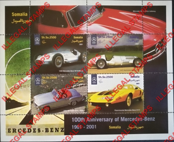 Somalia 2001 Cars Mercedes Benz Illegal Stamp Souvenir Sheet of 4 Somalia 2001 Cars Mercedes Benz Illegal Stamp Souvenir Sheet of 4
