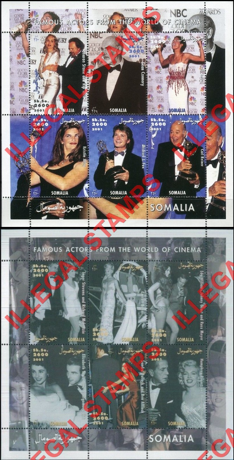 Somalia 2001 Famous Actors Illegal Stamp Souvenir Sheets of 6 Somalia 2001 Famous Actors Illegal Stamp Souvenir Sheets of 6