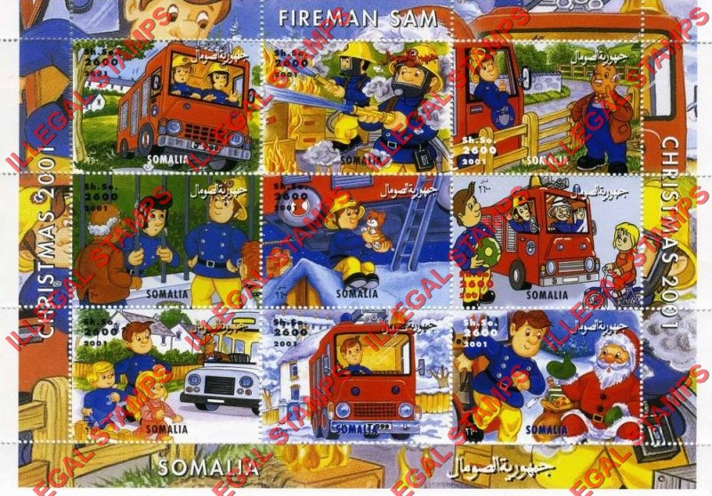 Somalia 2001 Fireman Sam Illegal Stamp Souvenir Sheet of 9 Somalia 2001 Fireman Sam Illegal Stamp Souvenir Sheet of 9