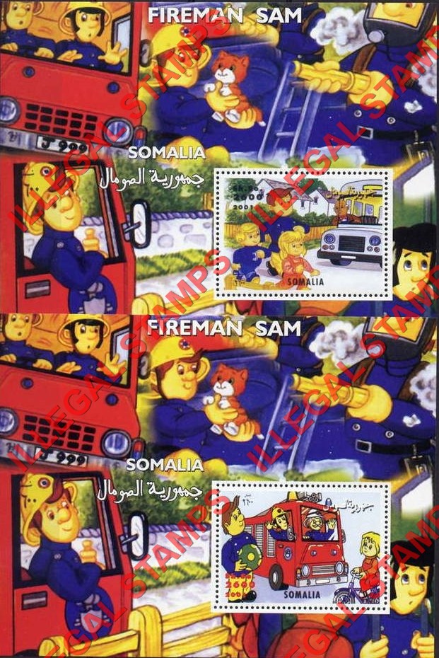 Somalia 2001 Fireman Sam Illegal Stamp Souvenir Sheets of 1 Somalia 2001 Fireman Sam Illegal Stamp Souvenir Sheets of 1