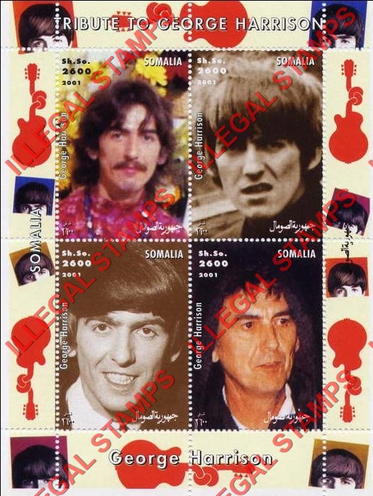 Somalia 2001 George Harrison Illegal Stamp Souvenir Sheet of 4 Somalia 2001 George Harrison Illegal Stamp Souvenir Sheet of 4