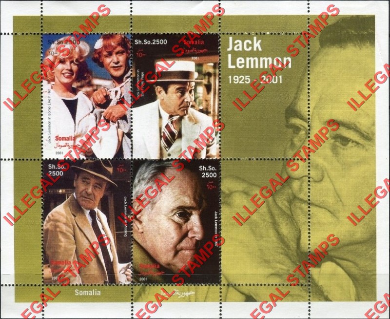 Somalia 2001 Jack Lemmon Illegal Stamp Souvenir Sheet of 4 Somalia 2001 Jack Lemmon Illegal Stamp Souvenir Sheet of 4