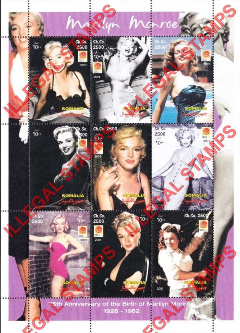 Somalia 2001 Marilyn Monroe Illegal Stamp Souvenir Sheet of 9 Somalia 2001 Marilyn Monroe Illegal Stamp Souvenir Sheet of 9