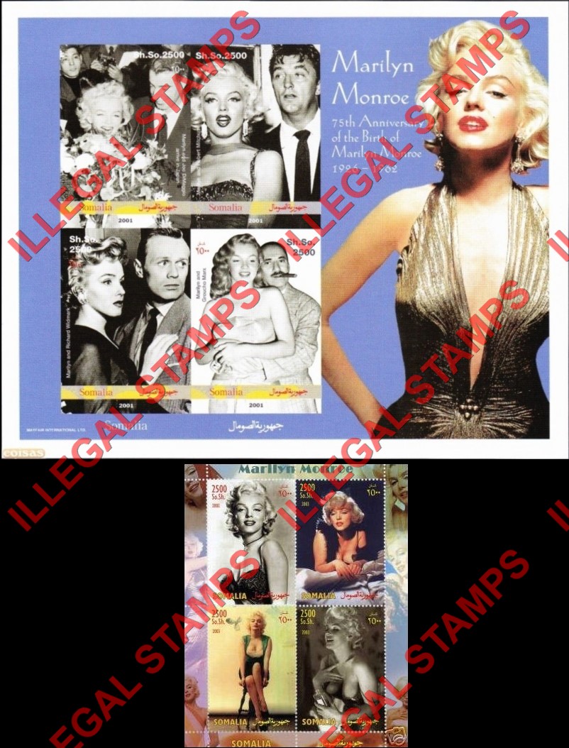 Somalia 2001 Marilyn Monroe Illegal Stamp Souvenir Sheets of 4 Somalia 2001 Marilyn Monroe Illegal Stamp Souvenir Sheets of 4