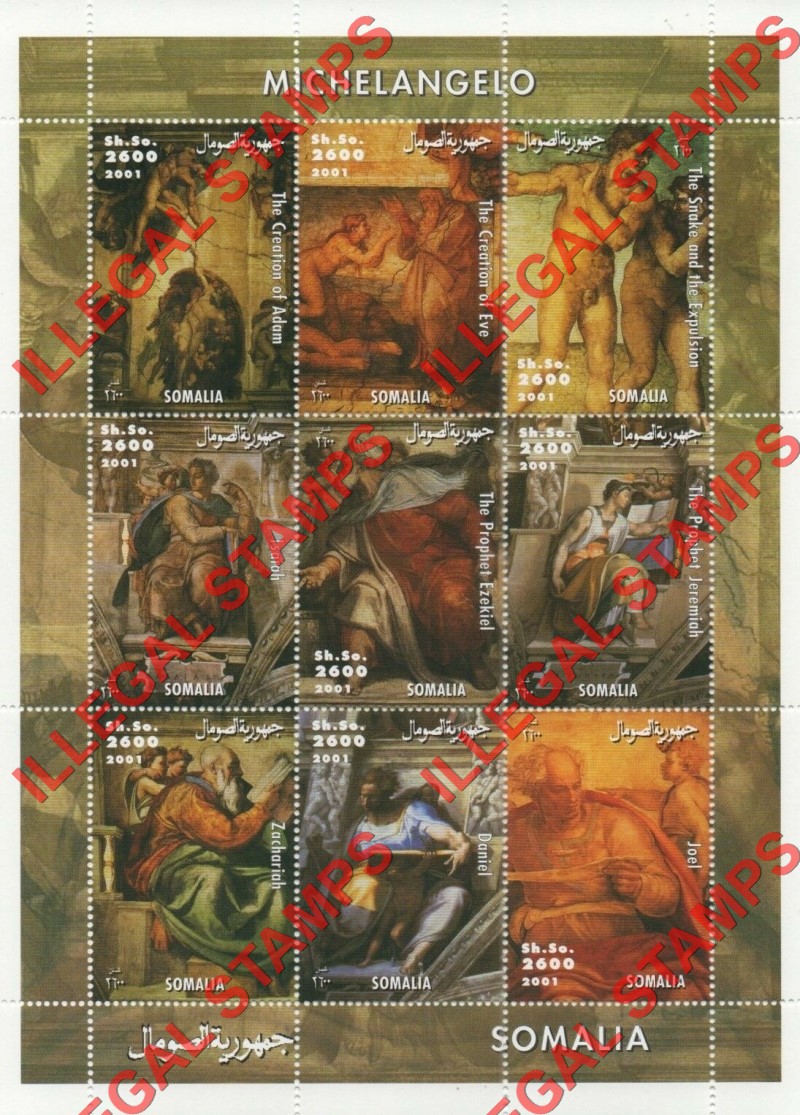 Somalia 2001 Paintings by Michelangelo Illegal Stamp Souvenir Sheet of 9 Somalia 2001 Paintings by Michelangelo Illegal Stamp Souvenir Sheet of 9