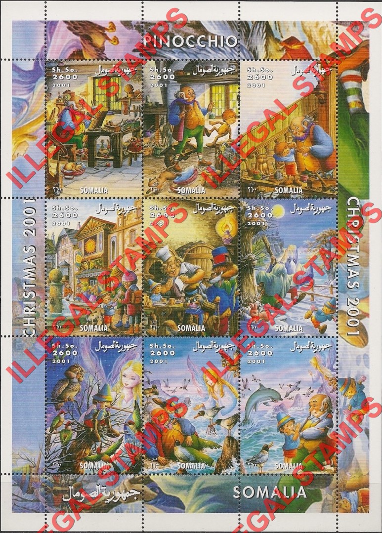Somalia 2001 Pinocchio Christmas Illegal Stamp Souvenir Sheet of 9 Somalia 2001 Pinocchio Christmas Illegal Stamp Souvenir Sheet of 9