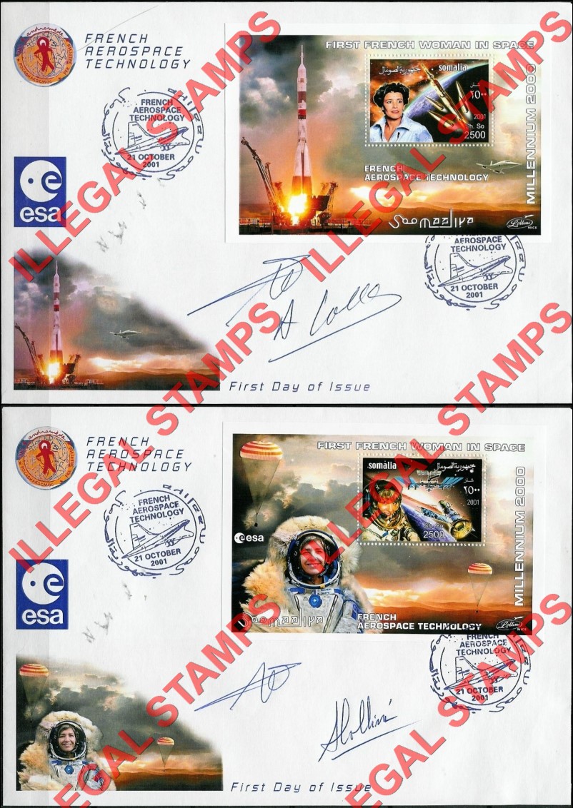 Somalia 2001 Space First French Woman in Space Illegal Stamp Souvenir Sheets of 1 on Fake First Day Covers Somalia 2001 Space First French Woman in Space Illegal Stamp Souvenir Sheets of 1 on Fake First Day Covers