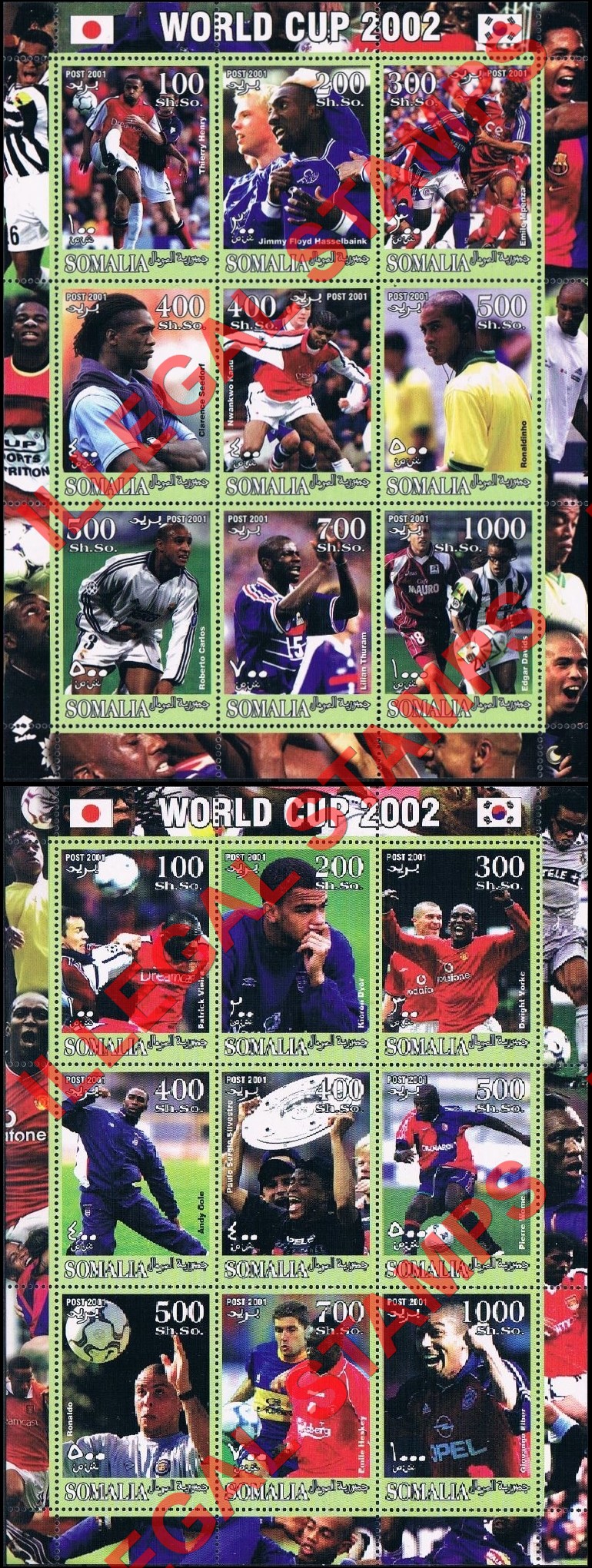 Somalia 2001 World Cup Soccer in 2002 Illegal Stamp Souvenir Sheets of 9 Somalia 2001 World Cup Soccer in 2002 Illegal Stamp Souvenir Sheets of 9