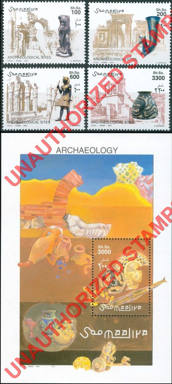 Somalia 2000 Unauthorized IPZS Archaeology Archeological Sites Stamps Michel 901-904 BL 81 Somalia 2001 Unauthorized IPZS Archaeology Archeological Sites Stamps Michel 901-904 BL 81