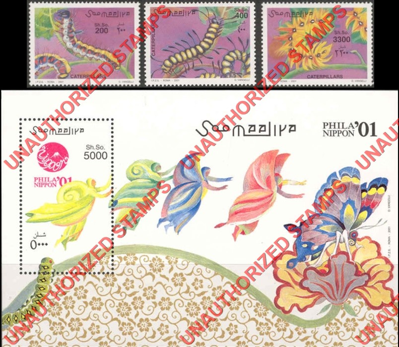 Somalia 2000 Unauthorized IPZS Caterpillars Phila' Nippon Stamps Michel 886-888 BL 79 Somalia 2001 Unauthorized IPZS Caterpillars Phila' Nippon Stamps Michel 886-888 BL 79