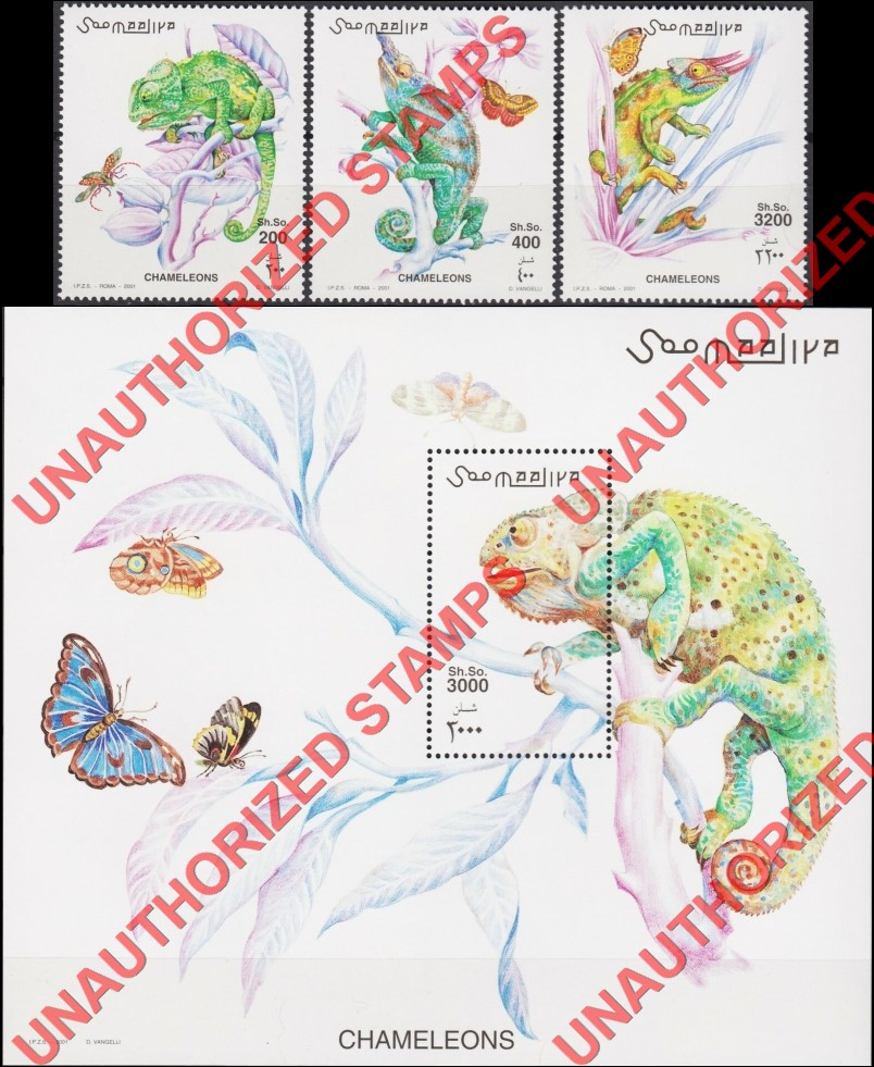 Somalia 2000 Unauthorized IPZS Chameleons Stamps Michel 882-884 BL 78 Somalia 2001 Unauthorized IPZS Chameleons Stamps Michel 882-884 BL 78
