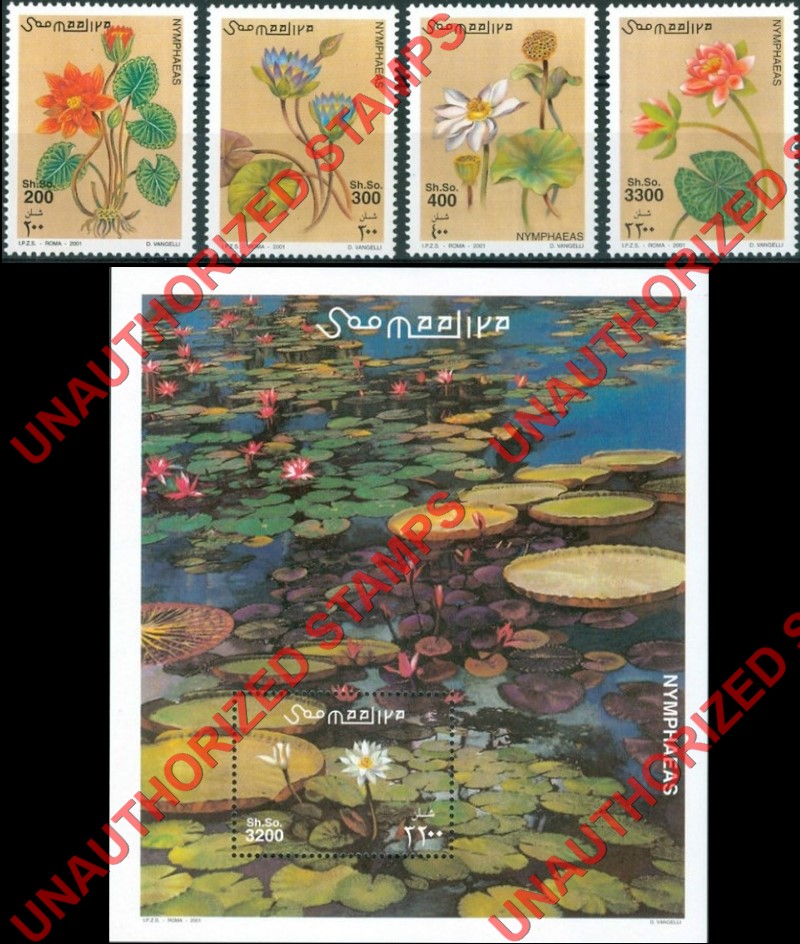 Somalia 2000 Unauthorized IPZS Nymphaeas Flowers Waterlillies Stamps Michel 915-918 BL 84 Somalia 2001 Unauthorized IPZS Nymphaeas Flowers Waterlillies Stamps Michel 915-918 BL 84