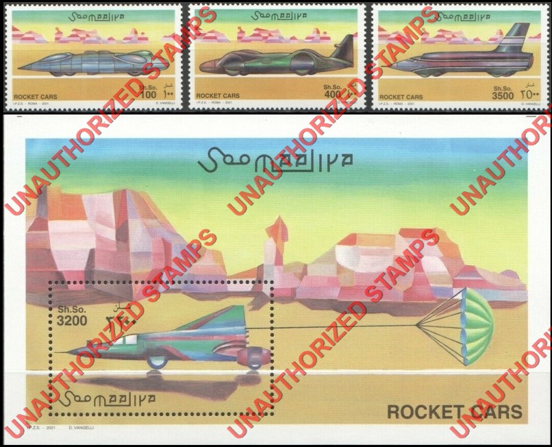 Somalia 2000 Unauthorized IPZS Rocket Cars Stamps Michel 860-862 BL 75 Somalia 2001 Unauthorized IPZS Rocket Cars Stamps Michel 860-862 BL 75