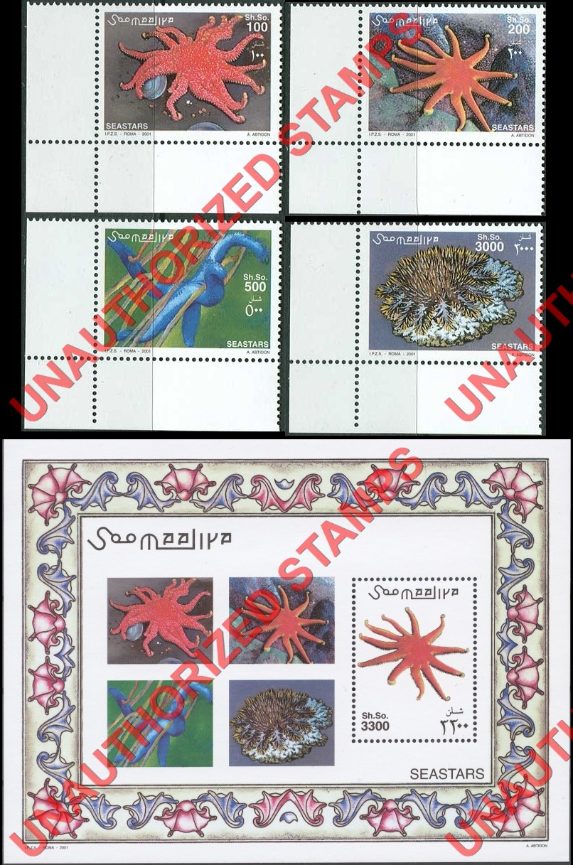 Somalia 2000 Unauthorized IPZS Seastars Stamps Michel 896-899 BL 80 Somalia 2001 Unauthorized IPZS Seastars Stamps Michel 896-899 BL 80