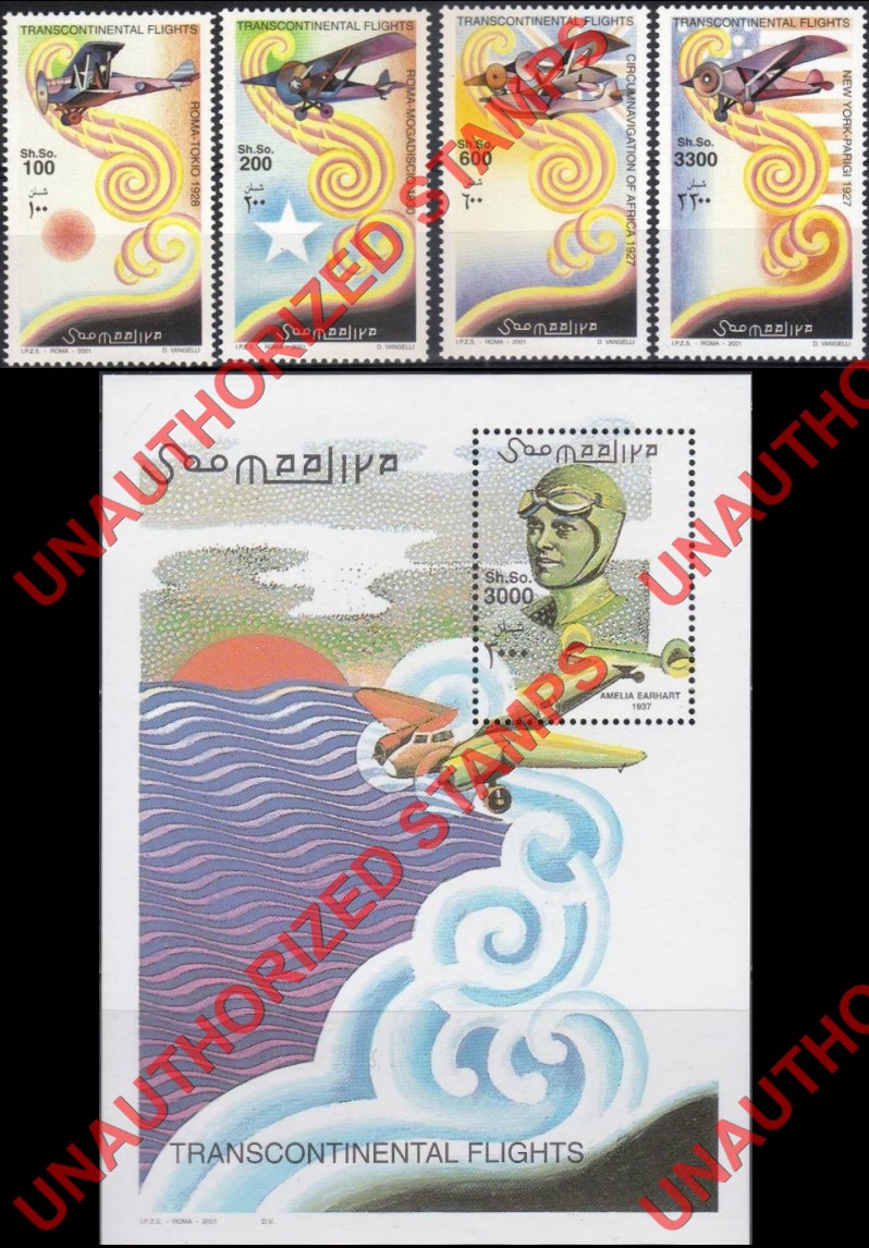 Somalia 2000 Unauthorized IPZS Transcontinental Flights Stamps Michel 906-909 BL 82 Somalia 2001 Unauthorized IPZS Transcontinental Flights Stamps Michel 906-909 BL 82