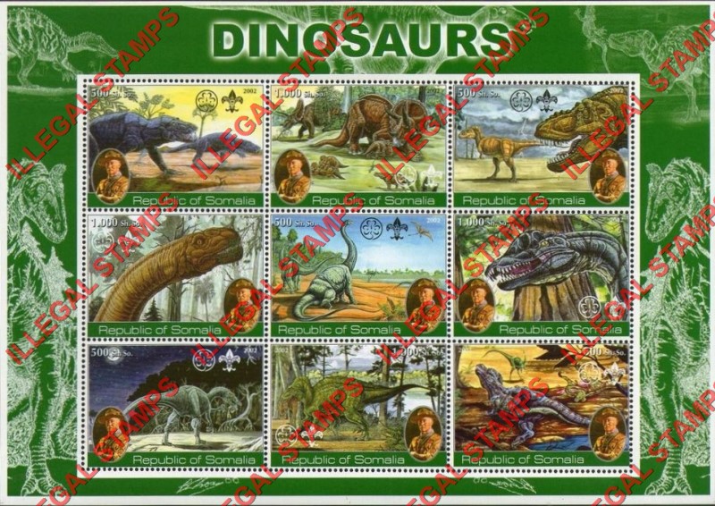 Somalia 2002 Dinosaurs with Scouts logos and Baden Powell Illegal Stamp Souvenir Sheet of 9 Somalia 2002 Dinosaurs with Scouts logos and Baden Powell Illegal Stamp Souvenir Sheet of 9